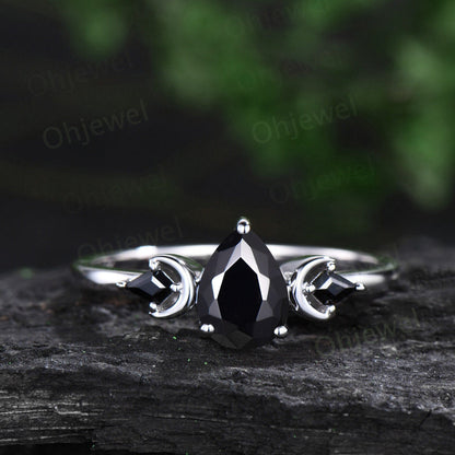 Pear shaped black onyx ring vintage three stone kite black spinel moon ring set white gold unique engagement ring antique bridal set women