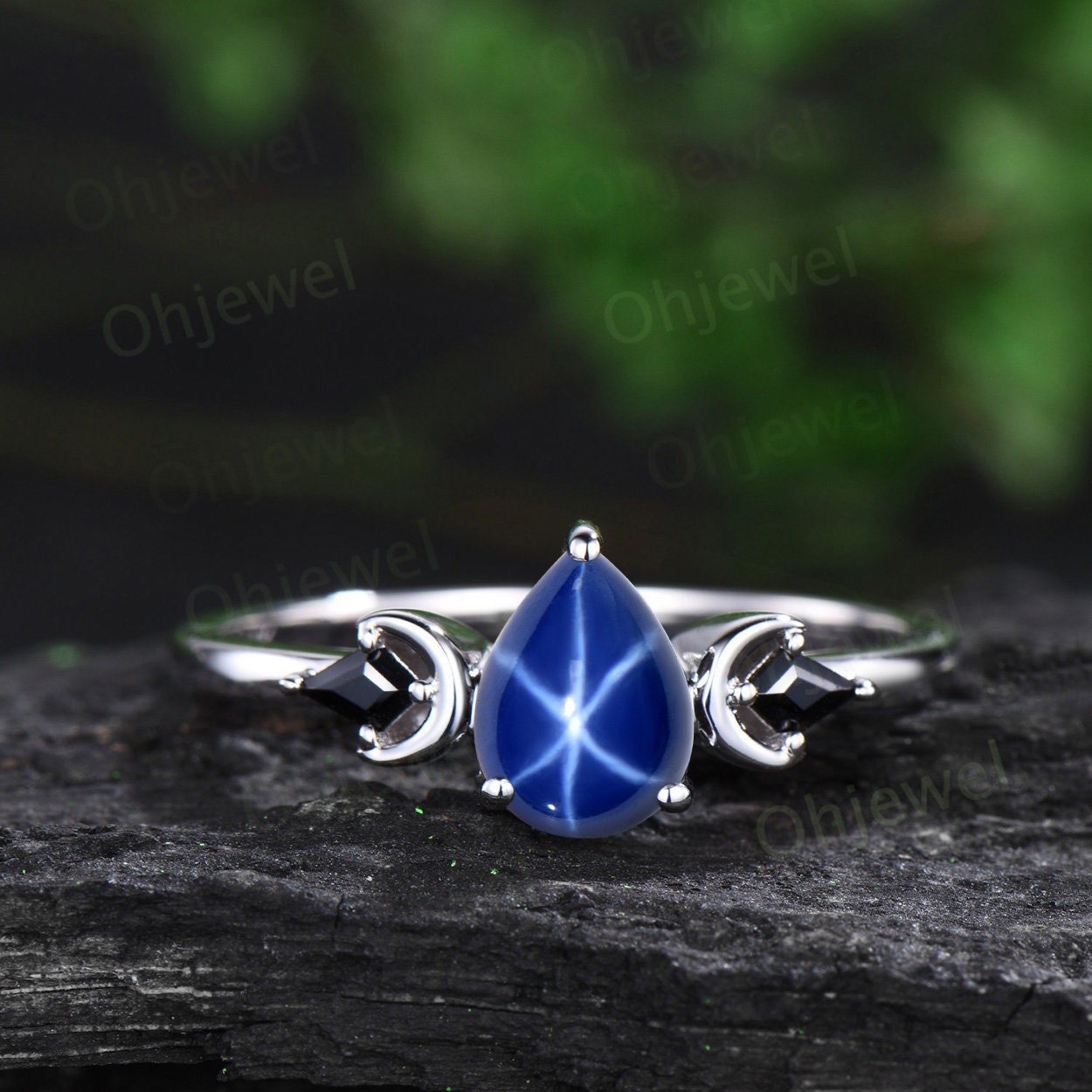 Pear shaped star sapphire ring vintage three stone kite black spinel moon ring white gold unique engagement ring antique bridal set women