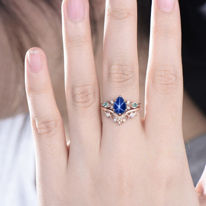 Vintage pear star sapphire engagement ring set art deco solid 14k white gold moss agate opal ring women moon Celtic knot bridal ring set