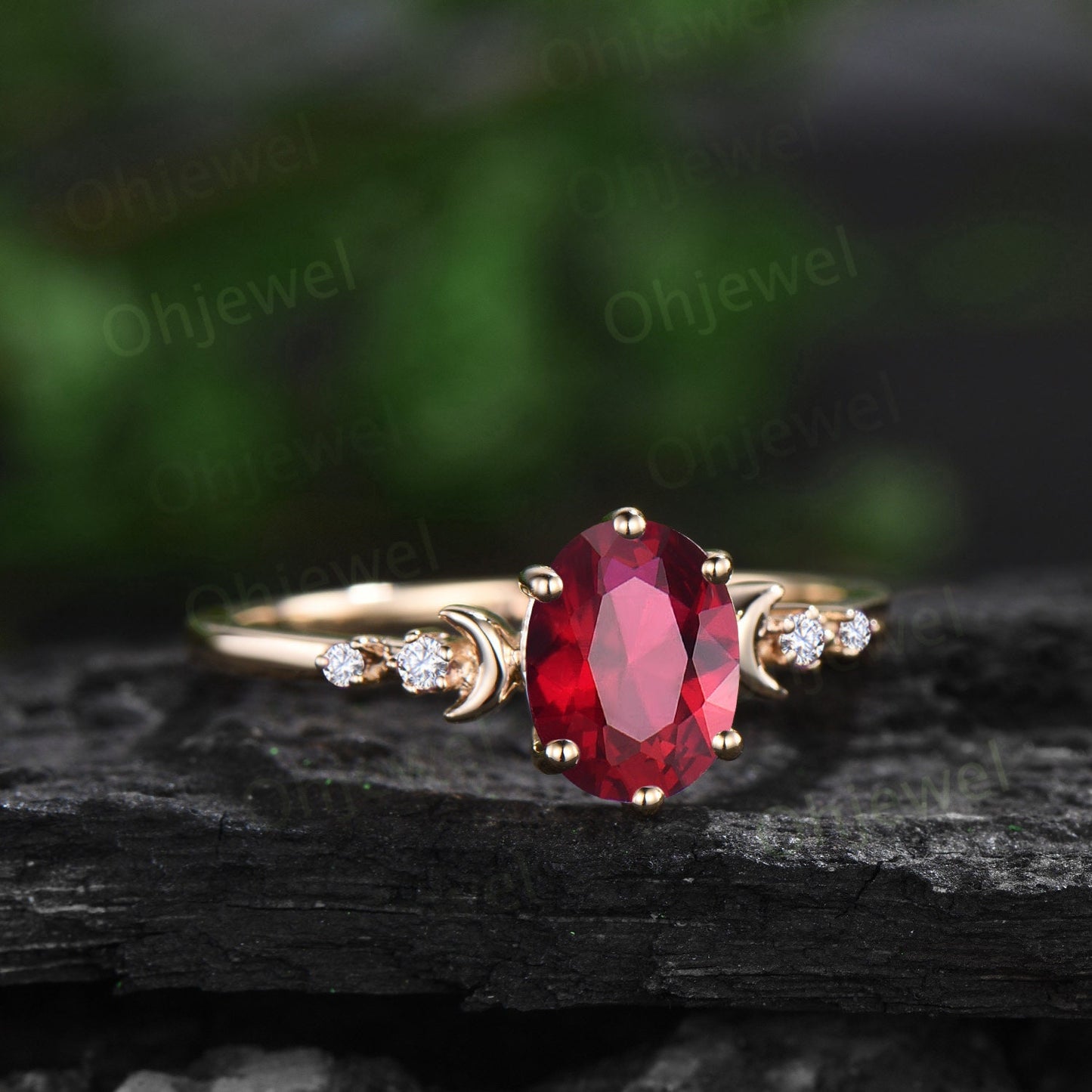 Vintage oval cut ruby engagement ring solid 14k yellow gold art deco five stone moon diamond ring women unique wedding anniversary ring gift