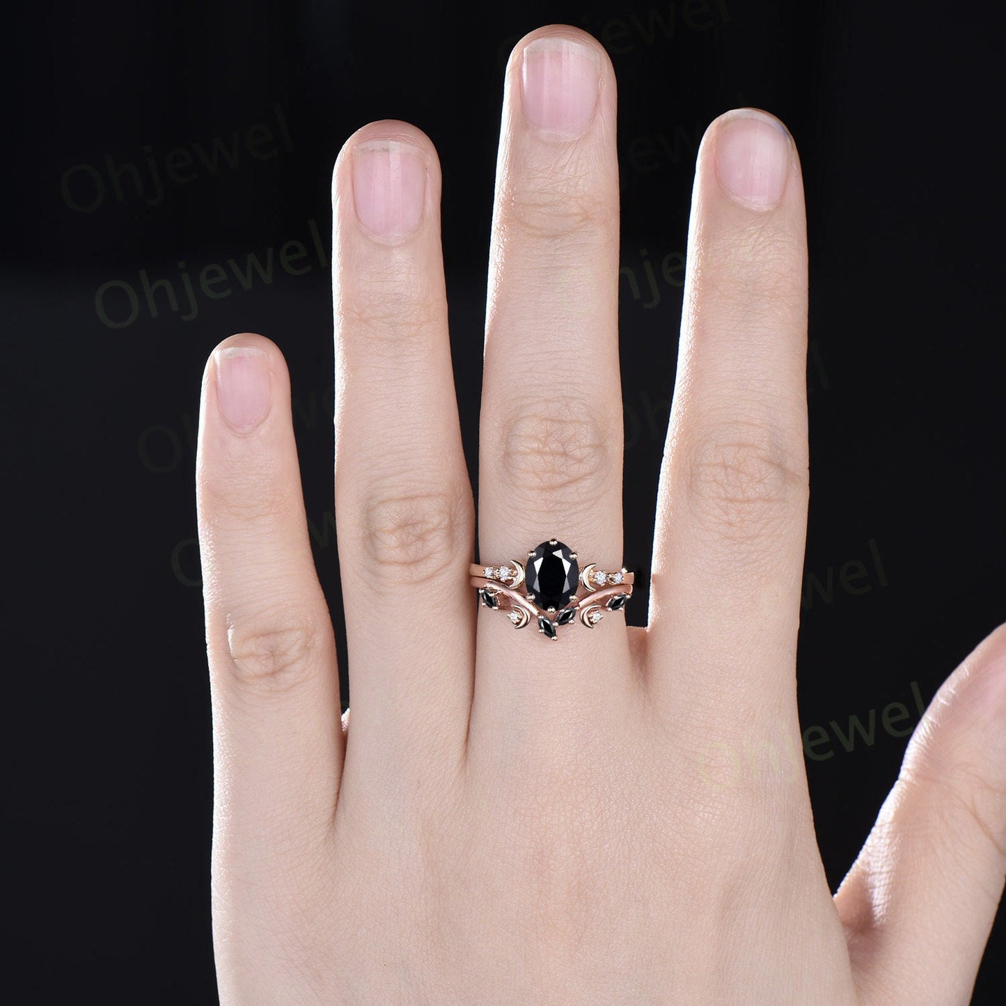 Vintage oval cut black onyx engagement ring solid 14k yellow gold art deco moon diamond ring women unique wedding anniversary ring gift
