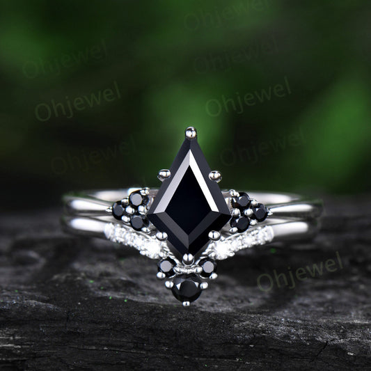 Unique kite cut black onyx engagement ring solid 14k white gold black spinel moissanite Personalized promise anniversary ring women