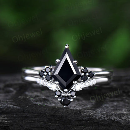 Unique kite cut black onyx engagement ring solid 14k white gold black spinel moissanite Personalized promise anniversary ring women