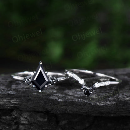 Unique kite cut black onyx engagement ring solid 14k white gold black spinel moissanite Personalized promise anniversary ring women