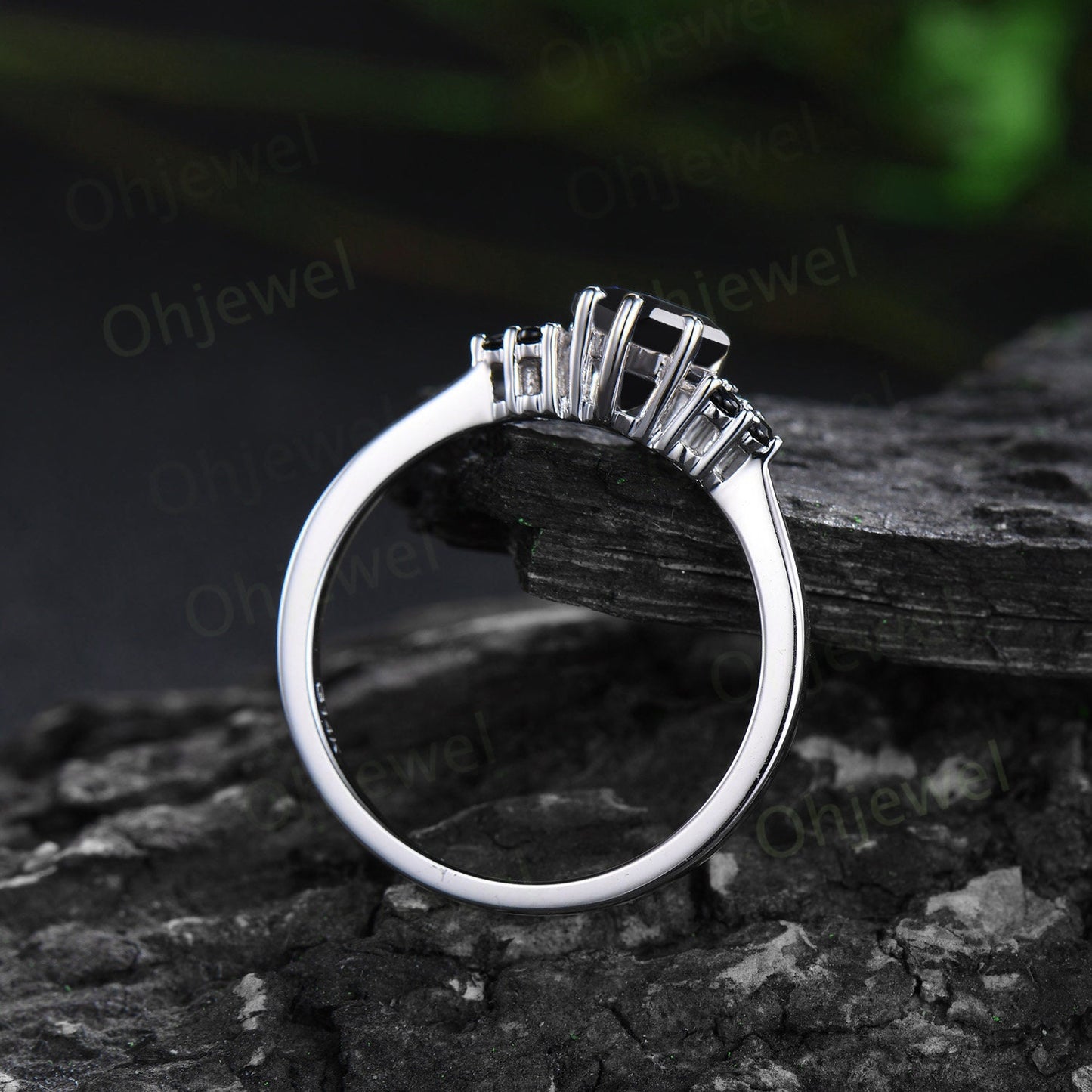 Unique kite cut black onyx engagement ring solid 14k white gold black spinel moissanite Personalized promise anniversary ring women
