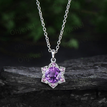 Vintage round purple amethyst necklace art deco milgrain floral unique Pendant women solid 14k rose gold crystal anniversary gift for her