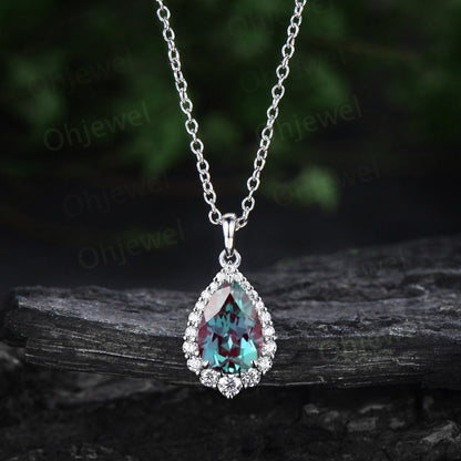 Pear cut Alexandrite necklace snowdrift halo diamond moissanite Pendant women 14k rose gold June birthstone anniversary gift jewelry