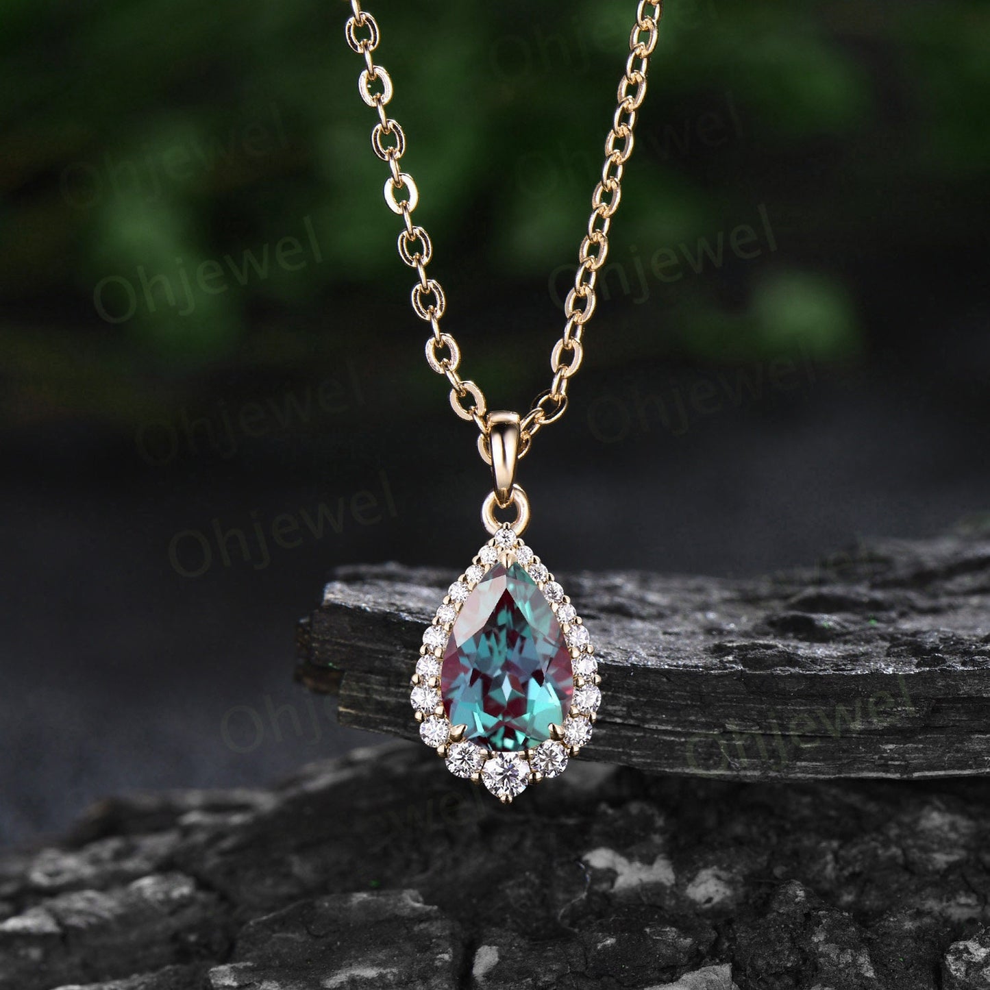 Pear cut Alexandrite necklace snowdrift halo diamond moissanite Pendant women 14k rose gold June birthstone anniversary gift jewelry