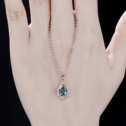Pear cut Alexandrite necklace snowdrift halo diamond moissanite Pendant women 14k rose gold June birthstone anniversary gift jewelry