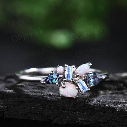 Dainty baguette cut moonstone ring vintage opal ring 14k white gold pear kite alexandrite ring women wedding ring band anniversary gift