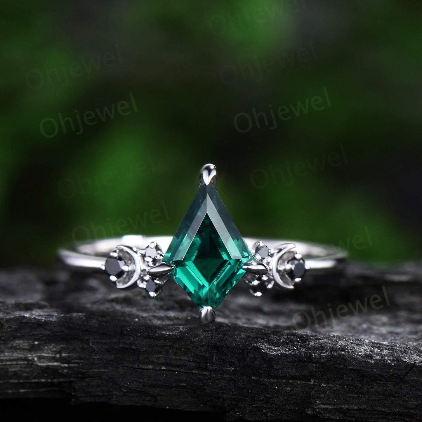 Moon black diamond ring vintage kite cut green emerald engagement ring set solid 14k white gold unique anniversary wedding ring set women