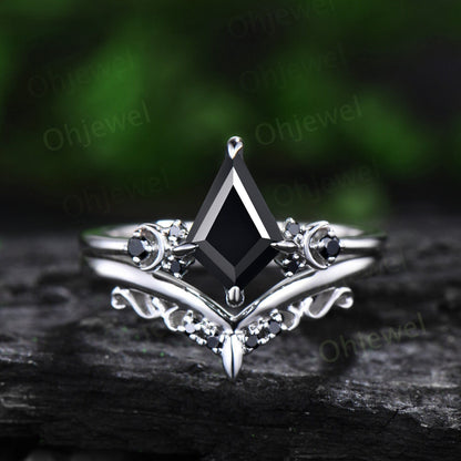 Moon black diamond ring vintage kite cut black Onyx engagement ring set solid 14k white gold retro unique anniversary wedding ring set women