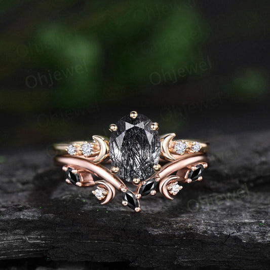 Vintage oval black rutilated quartz engagement ring solid 14k yellow gold art deco moon diamond ring women unique anniversary ring gift