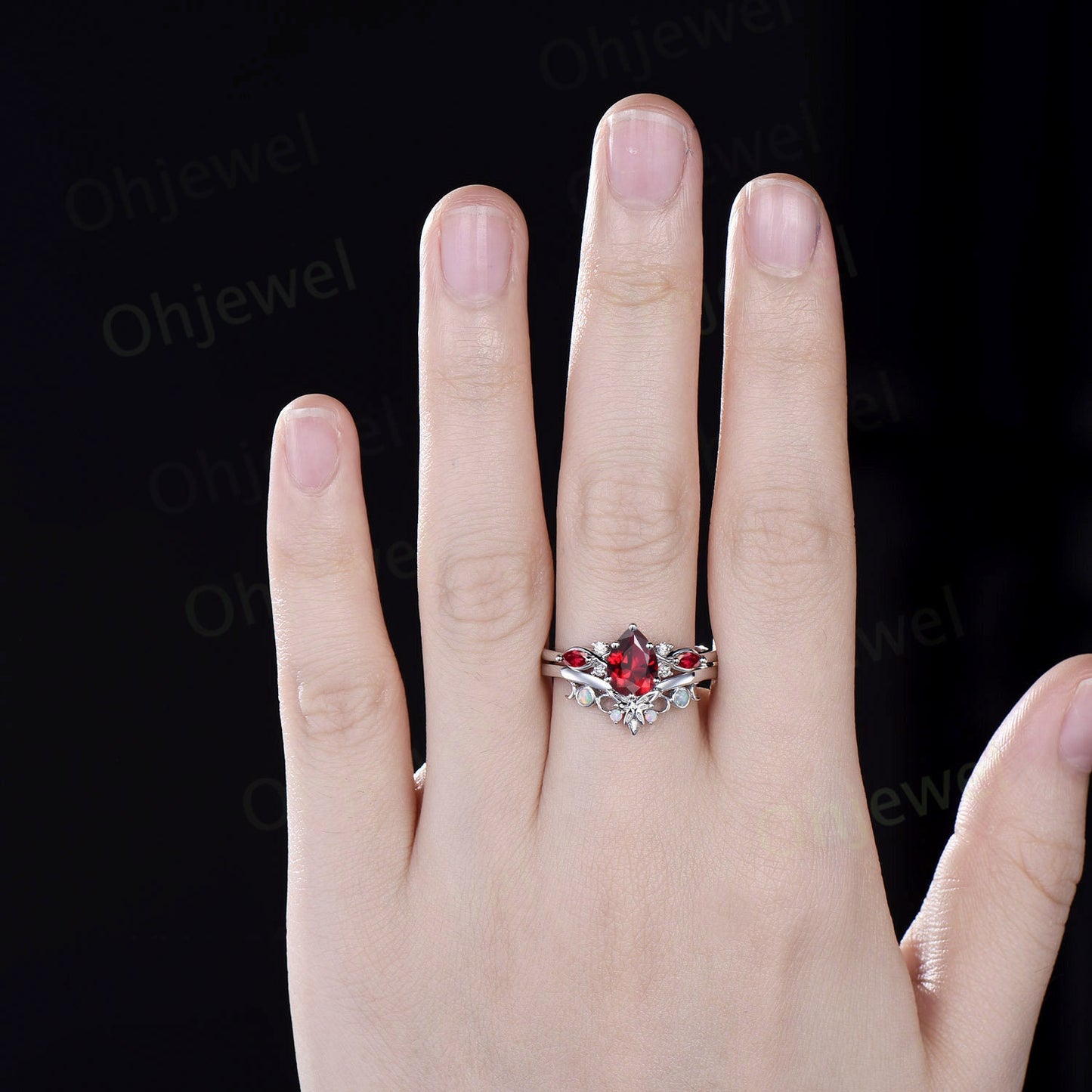 Pear shaped red ruby ring 6 prong vintage unique ruby engagement ring cluster rose gold opal ring leaf Celtic knot wedding ring set women