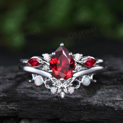 Pear shaped red ruby ring 6 prong vintage unique ruby engagement ring cluster rose gold opal ring leaf Celtic knot wedding ring set women