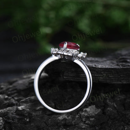 Vintage pear red ruby engagement ring leaf Nature inspired halo cluster diamond ring women white gold branch antique wedding ring gift