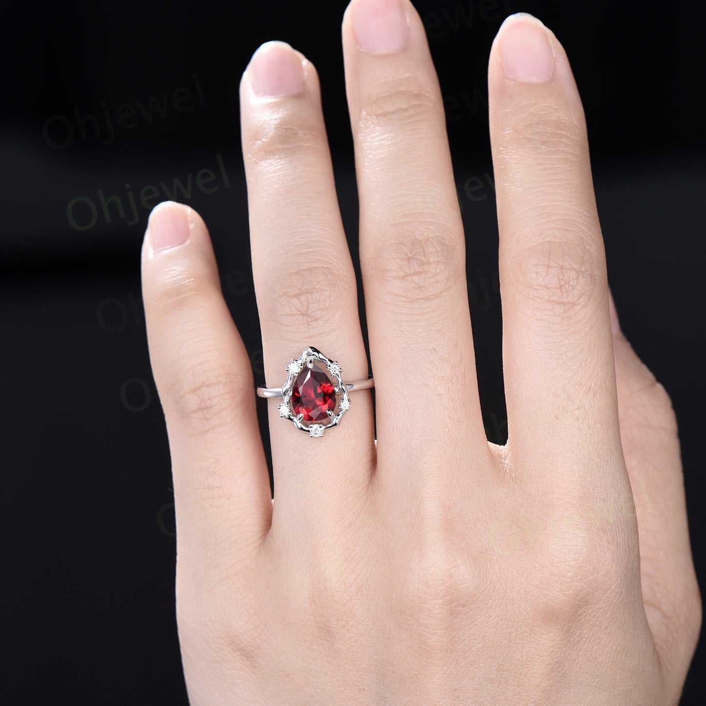 Vintage pear red ruby engagement ring leaf Nature inspired halo cluster diamond ring women white gold branch antique wedding ring gift