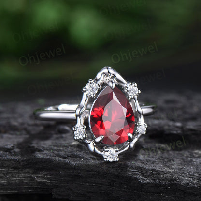 Vintage pear red ruby engagement ring leaf Nature inspired halo cluster diamond ring women white gold branch antique wedding ring gift