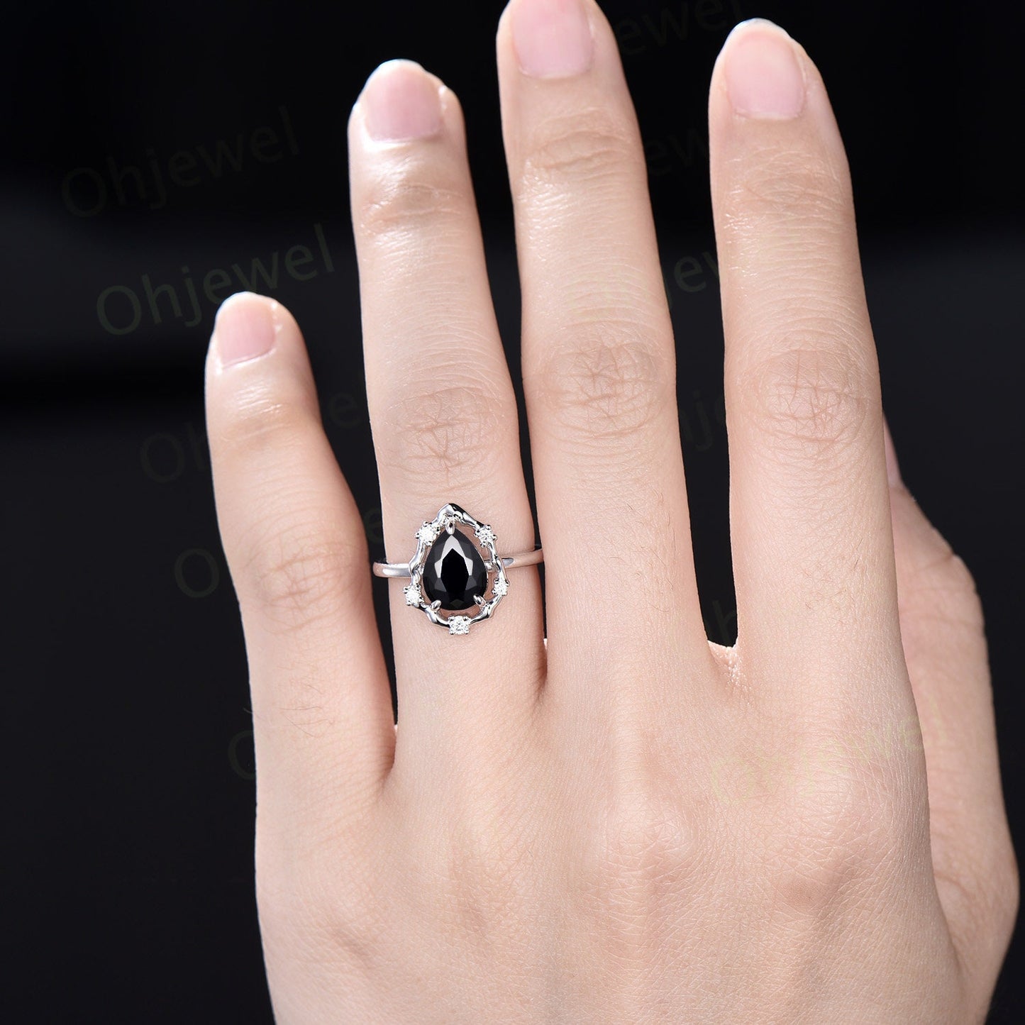 Vintage pear black onyx engagement ring leaf Nature inspired halo cluster diamond ring women 14k white gold branch anniversary ring gift