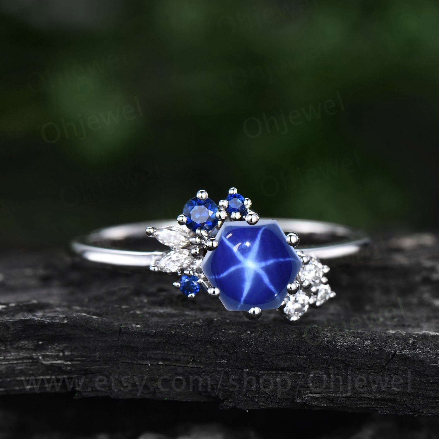 10k White Gold Blue Star Sapphire Ring with Single Diamond Accent Size 7 1/2