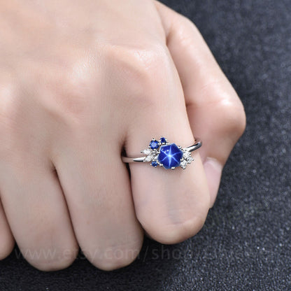 Hexagon blue star sapphire ring vintage unique cluster sapphire engagement ring rose gold dainty moissanite bridal anniversary ring gift