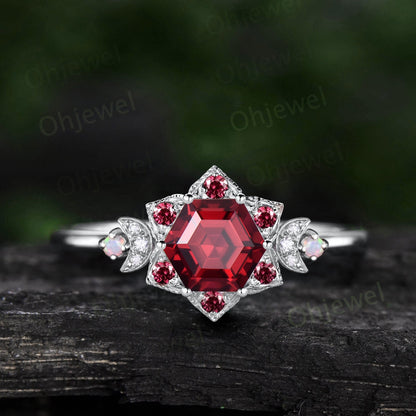 Vintage Hexagon cut red ruby engagement ring solid 14k yellow gold milgrain floral moon opal diamond ring women gemstone wedding ring gift