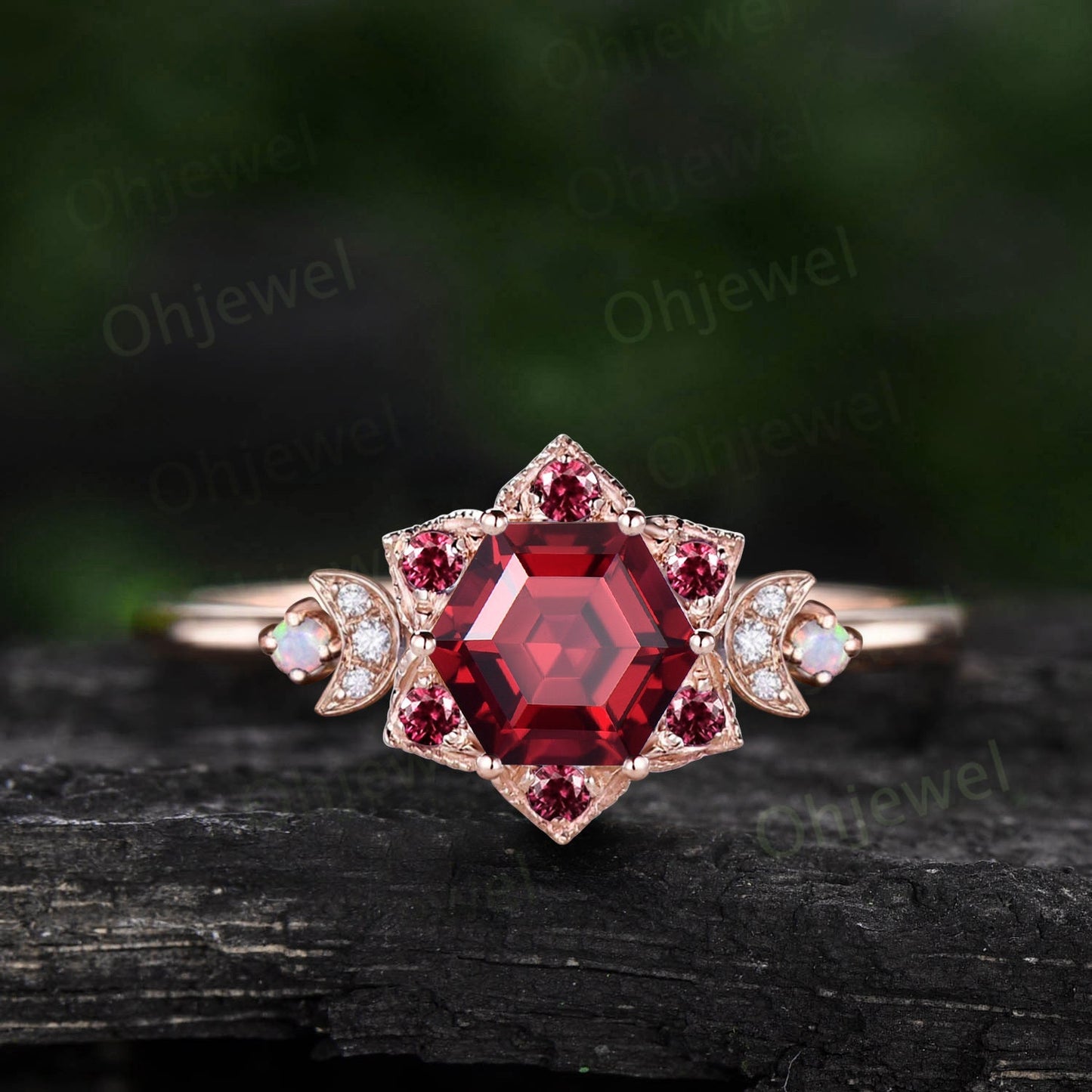 Vintage Hexagon cut red ruby engagement ring solid 14k yellow gold milgrain floral moon opal diamond ring women gemstone wedding ring gift
