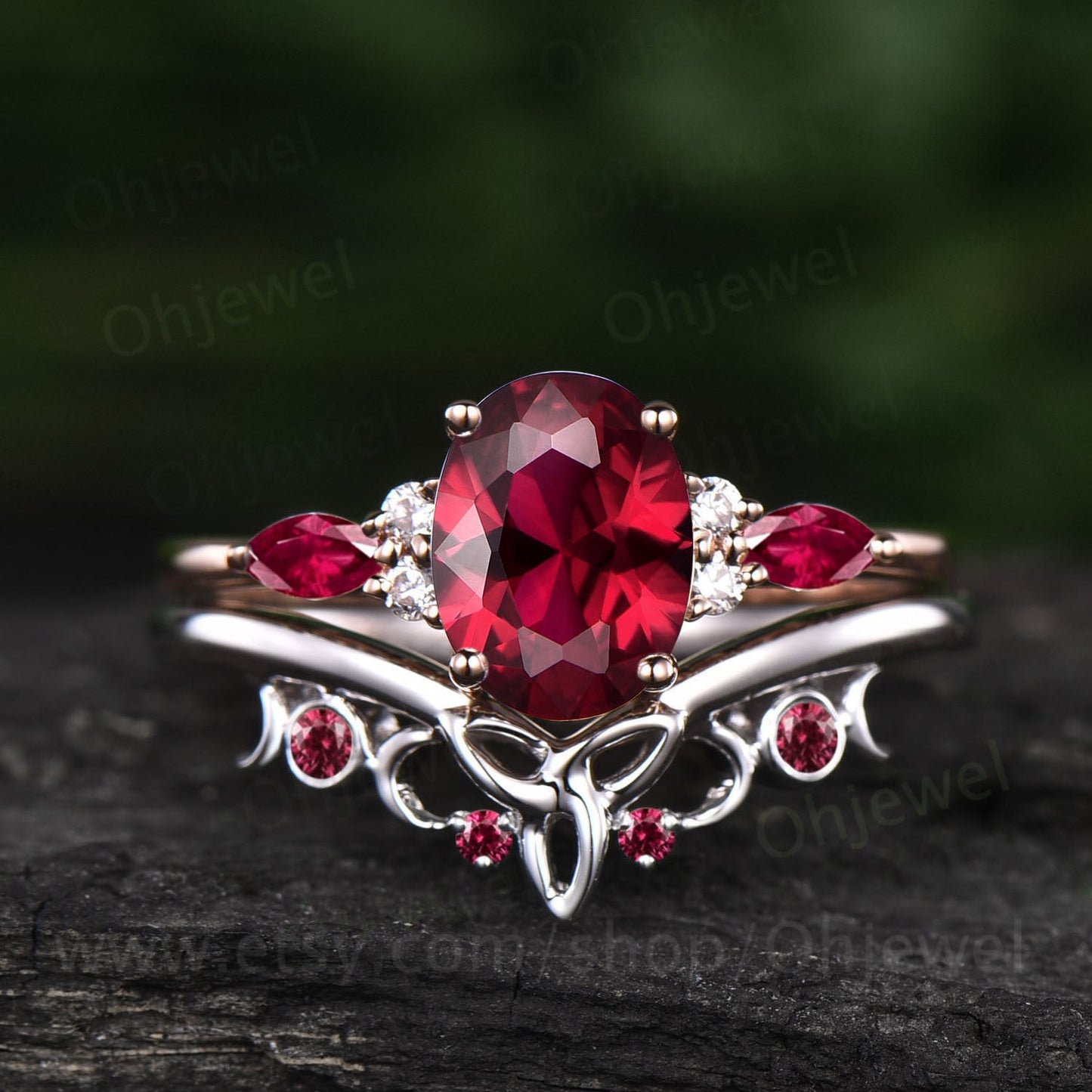 Oval cut red ruby ring vintage unique engagement ring set rose gold cluster marquise cut ruby jewelry anniversary wedding ring women gift