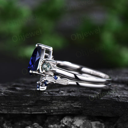 Vintage pear blue sapphire engagement ring white gold kite moss agate ring moon leaf natural sapphire wedding ring set band women jewelry