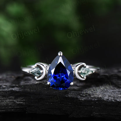 Vintage pear blue sapphire engagement ring white gold kite moss agate ring moon leaf natural sapphire wedding ring set band women jewelry