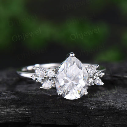 Pear moissanite engagement ring 14k white gold cluster snowdrift diamond ring vintage moon unique bridal wedding ring band set women