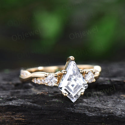 Vintage kite cut moissanite engagement ring solid 14k yellow gold art deco eternity twisted diamond anniversary promise ring women gift