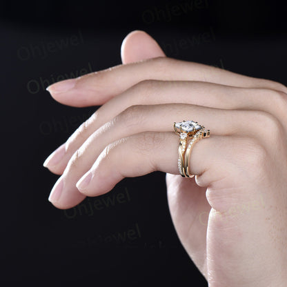 Vintage kite cut moissanite engagement ring solid 14k yellow gold art deco eternity twisted diamond anniversary promise ring women gift