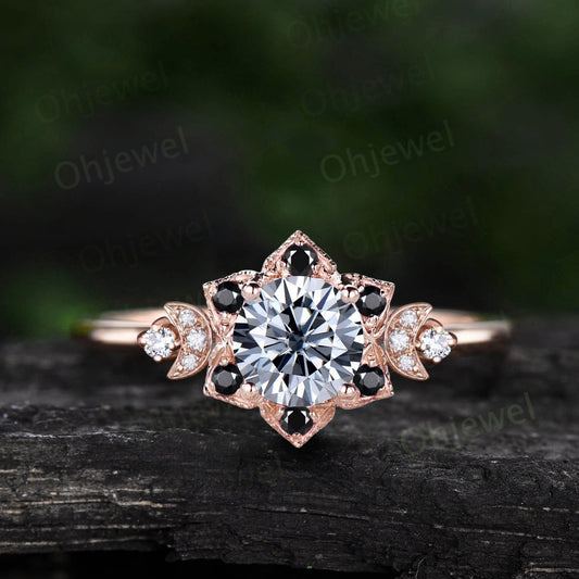 Vintage 1ct round gray moissanite engagement ring rose gold milgrain floral moon black onyx diamond ring women unique promise ring her gift