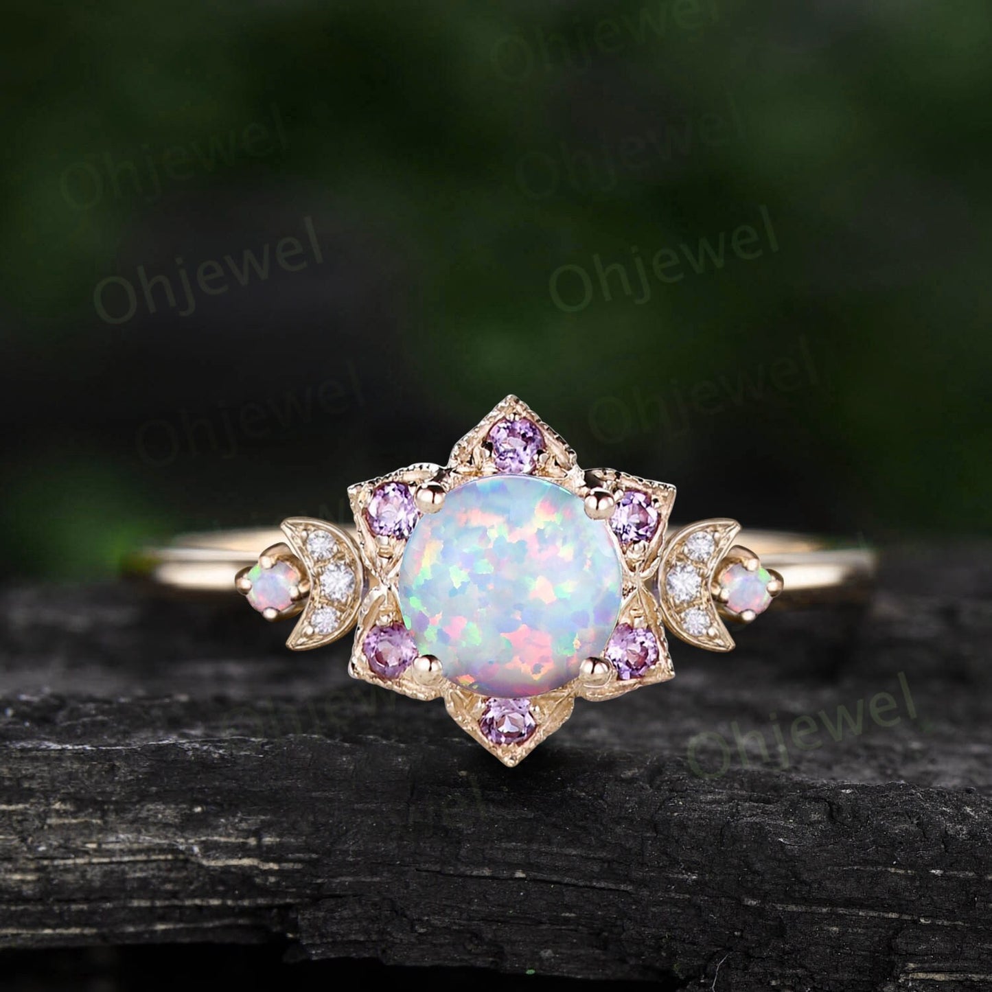Vintage round white opal engagement ring rose gold milgrain floral moon amethyst diamond ring women unique wedding anniversary ring gift