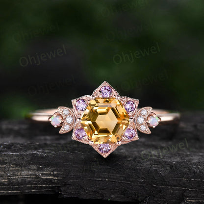 Vintage Hexagon citrine engagement ring yellow gold milgrain floral moon amethyst diamond ring women unique wedding anniversary ring gift