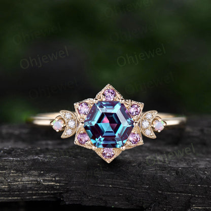 Vintage Hexagon alexandrite engagement ring rose gold milgrain floral moon amethyst opal ring women unique wedding anniversary ring gift