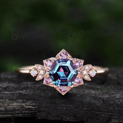 Vintage Hexagon alexandrite engagement ring rose gold milgrain floral moon amethyst opal ring women unique wedding anniversary ring gift