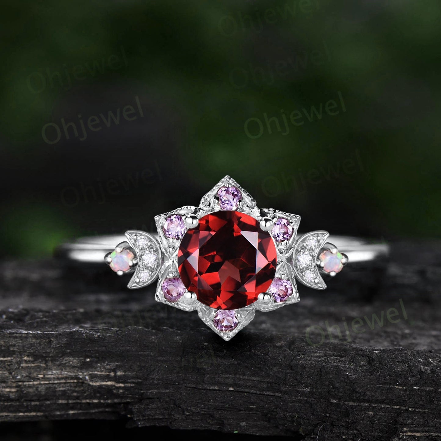 Vintage round red garnet engagement ring 14k yellow gold milgrain floral moon halo amethyst opal ring women unique bridal promise ring gift