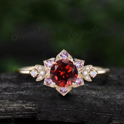 Vintage round red garnet engagement ring 14k yellow gold milgrain floral moon halo amethyst opal ring women unique bridal promise ring gift