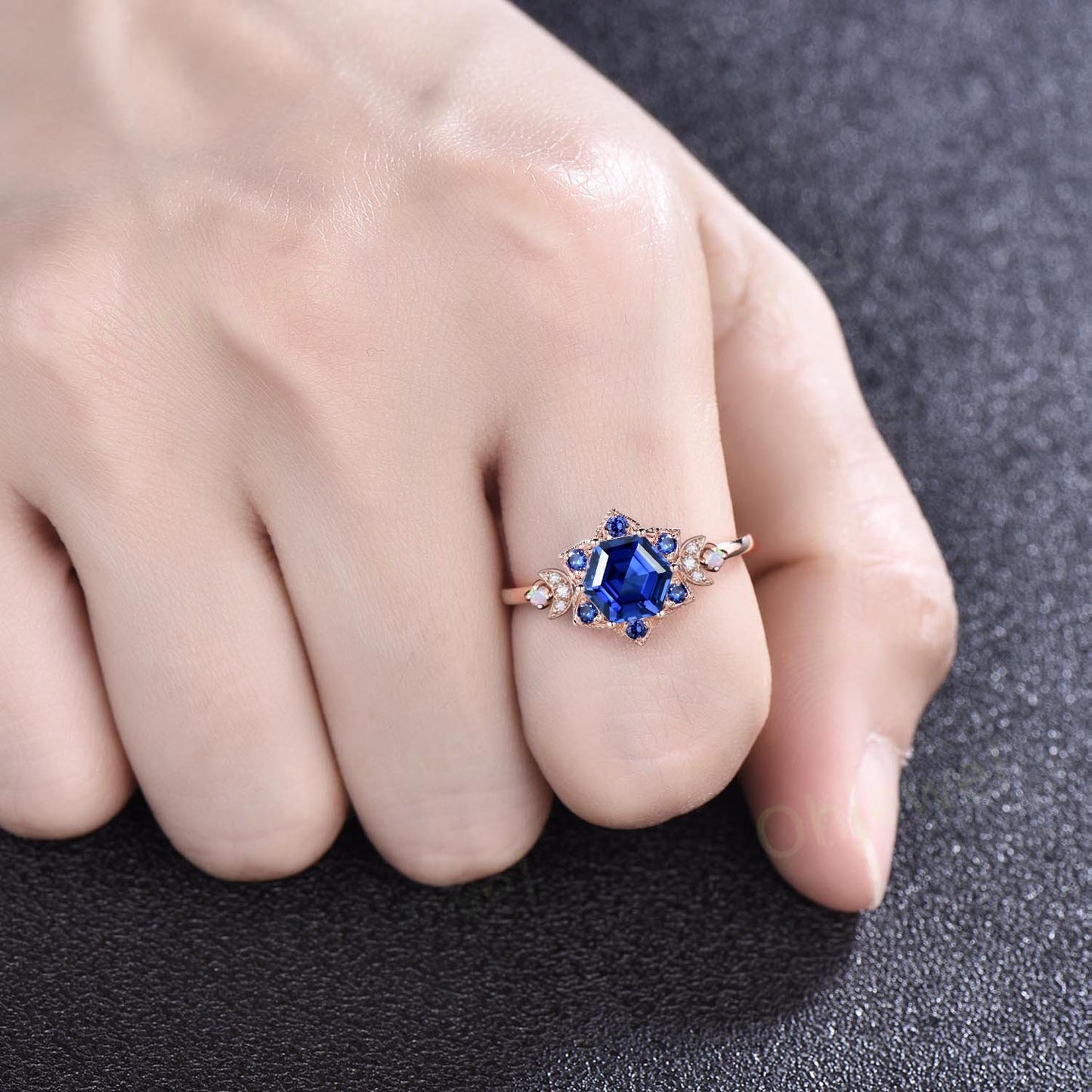 Vintage Hexagon blue sapphire engagement ring solid 14k yellow gold milgrain floral moon opal diamond ring women gemstone wedding ring gift