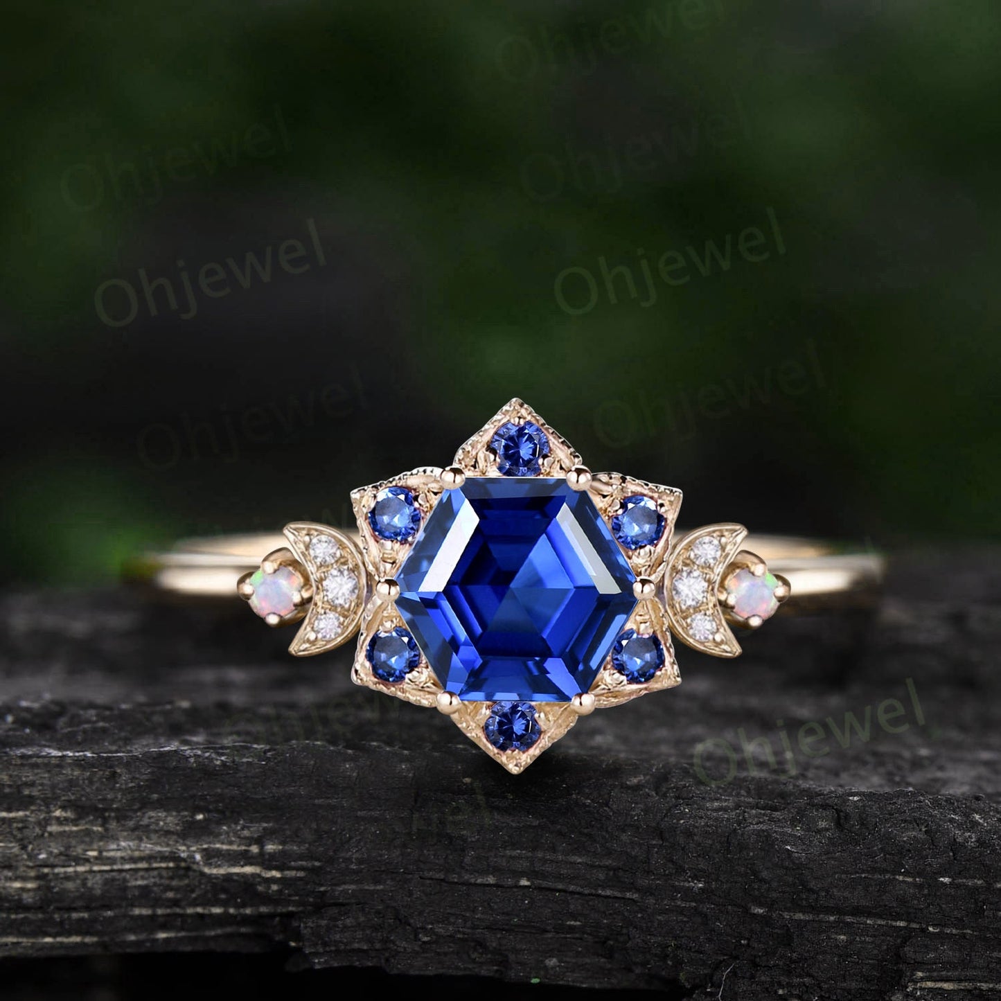 Vintage Hexagon blue sapphire engagement ring solid 14k yellow gold milgrain floral moon opal diamond ring women gemstone wedding ring gift