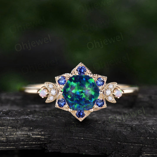 Vintage Hexagon black opal engagement ring solid 14k yellow gold milgrain floral moon opal sapphire ring women promise wedding ring gift