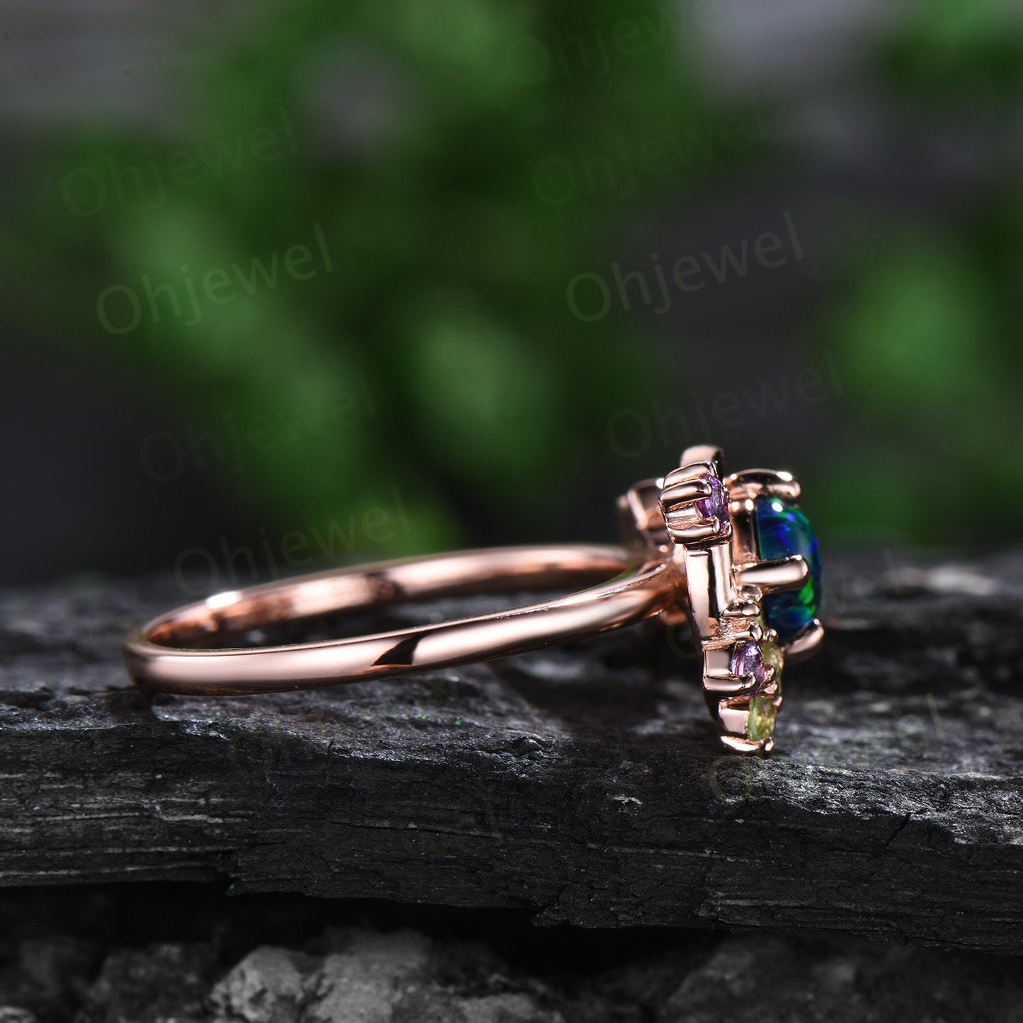 Round black opal ring vintage cluster peridot amethyst ring rose gold unique moon engagement ring retro star flower anniversary ring women