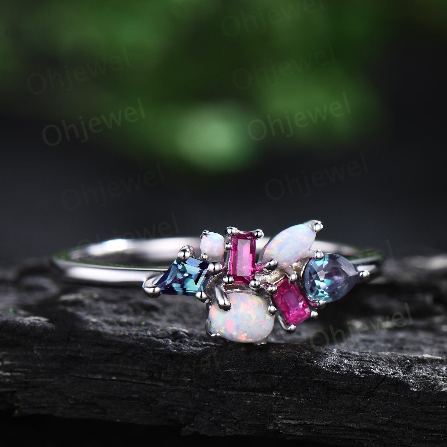Cluster oval opal ring Personalized kite alexandrite ring 14k white gold baguette ruby ring women dainty unique wedding ring band gift