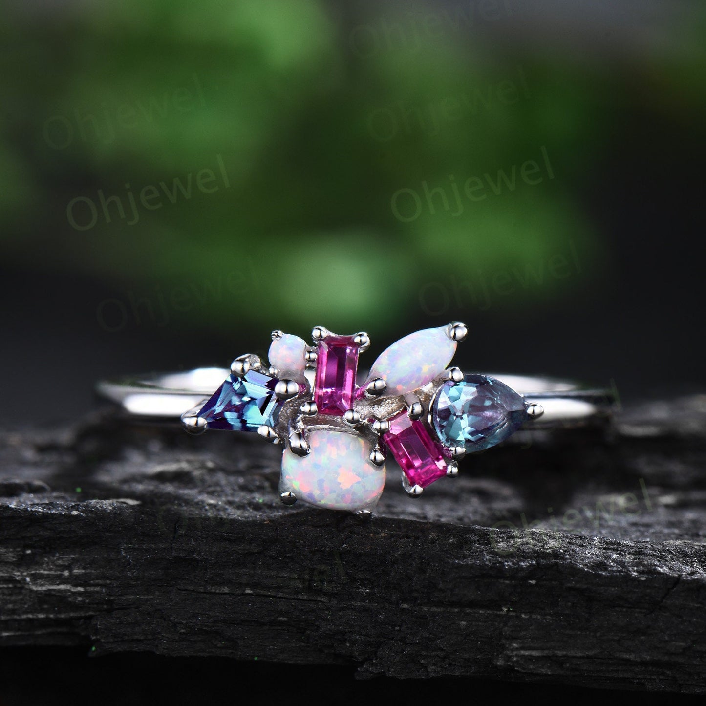 Cluster oval opal ring Personalized kite alexandrite ring 14k white gold baguette ruby ring women dainty unique wedding ring band gift