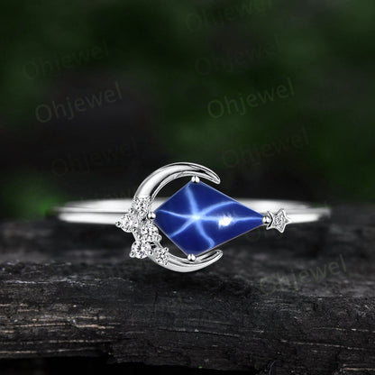 Kite blue star sapphire ring vintage cluster diamond yellow gold east to west moon engagement ring gemstone unique anniversary ring women