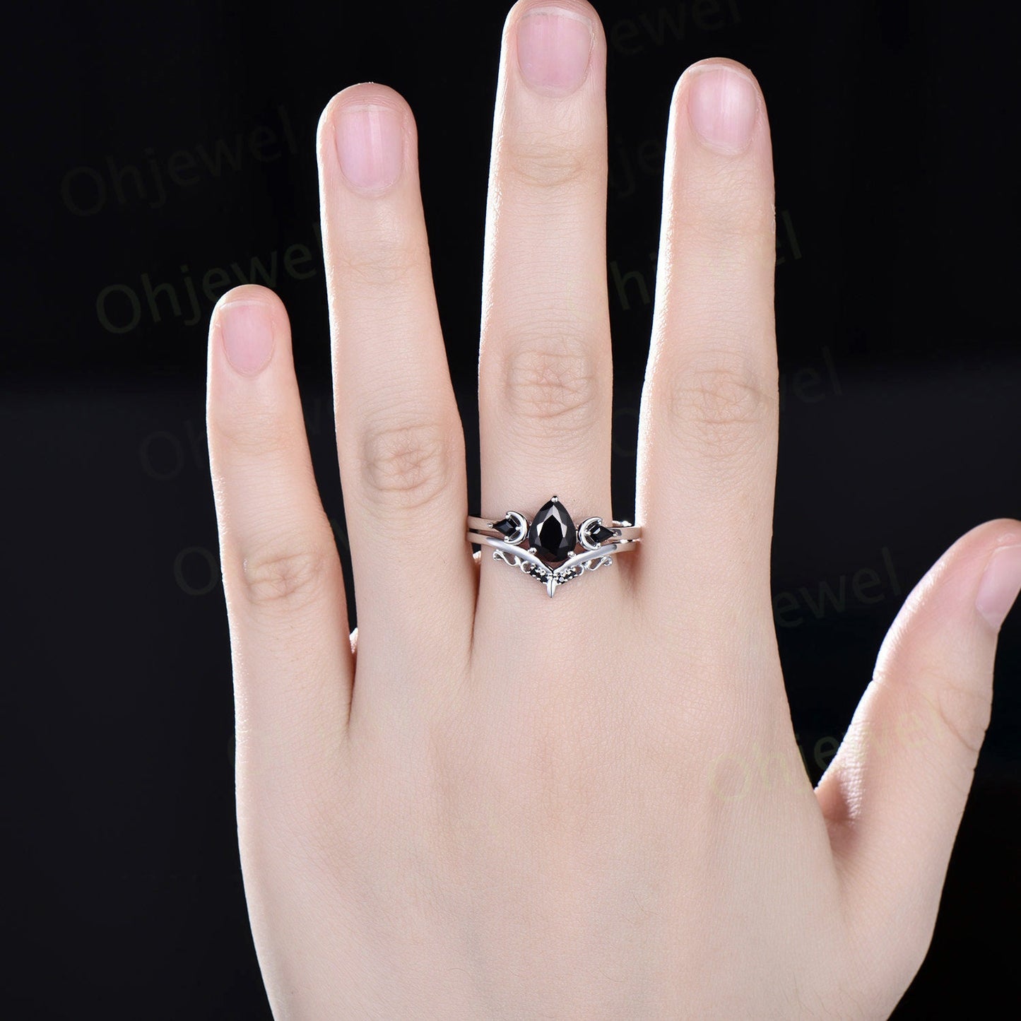Pear shaped black onyx ring vintage three stone kite black spinel moon ring set white gold unique engagement ring antique bridal set women