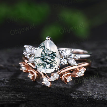Pear moss agate engagement ring 14k white gold cluster snowdrift diamond ring vintage moon unique bridal wedding ring band set women gift