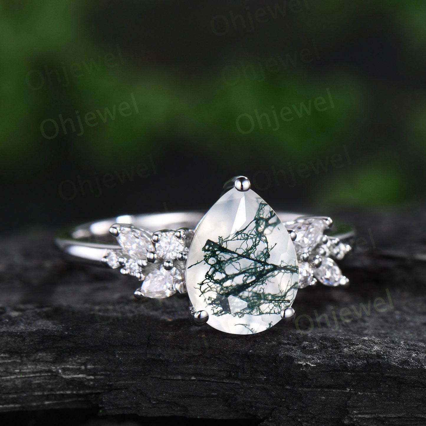 Pear moss agate engagement ring 14k white gold cluster snowdrift diamond ring vintage moon unique bridal wedding ring band set women gift